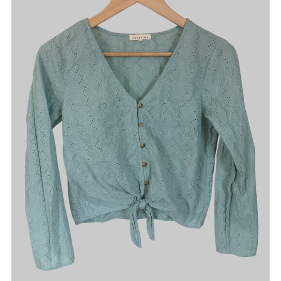 Copper Key Tops - Copper Key Eyelet Tie-Front Blouse Womens M Button-up Boho Beachy Hippie Cottage